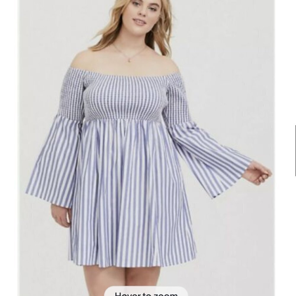 Torrid Blue Striped Smocked Off The Shoulder Bell Sleeve Skater Dress Size 2xl